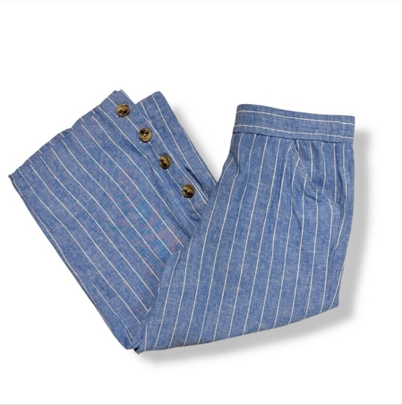 LAND N SEA Blue White Striped Linen Blend Pull On Capri Pants Button - Picture 10 of 10